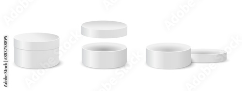 Round boxes with closed and open lids. Rounded containers for gifts or hats, cosmetics or medicine, sweets or cookies. Silver cylindrical tin or cardboard packages. Vector realistic illustration.