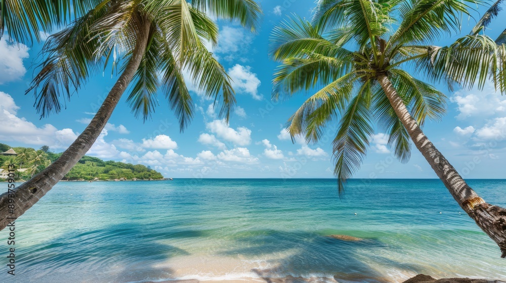 Fototapeta premium Coconut palm trees framing a pristine beach with clear blue sea and sky.
