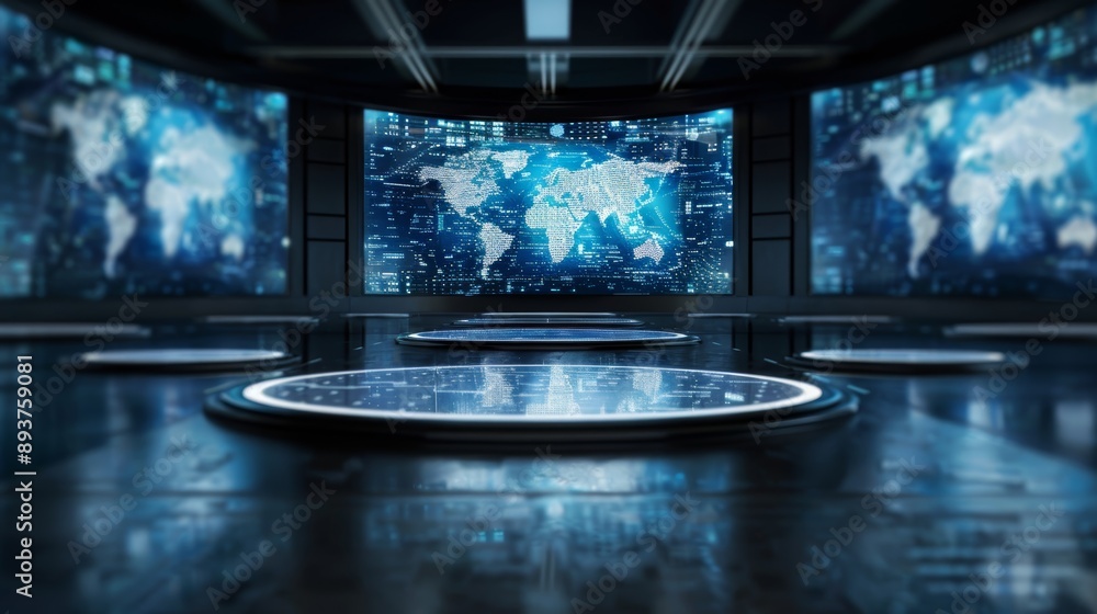 Fototapeta premium Futuristic command center with global data interfaces on large display screens, showcasing advanced technology and high-tech environment.