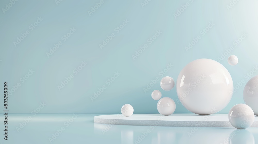 Minimalistic 3D rendering of white spheres on a blue background. Modern abstract composition with geometric shapes and soft colors. Minimalistic 3D rendering of white spheres on a blue background. Modern abstract composition with geometric shapes and soft colors.