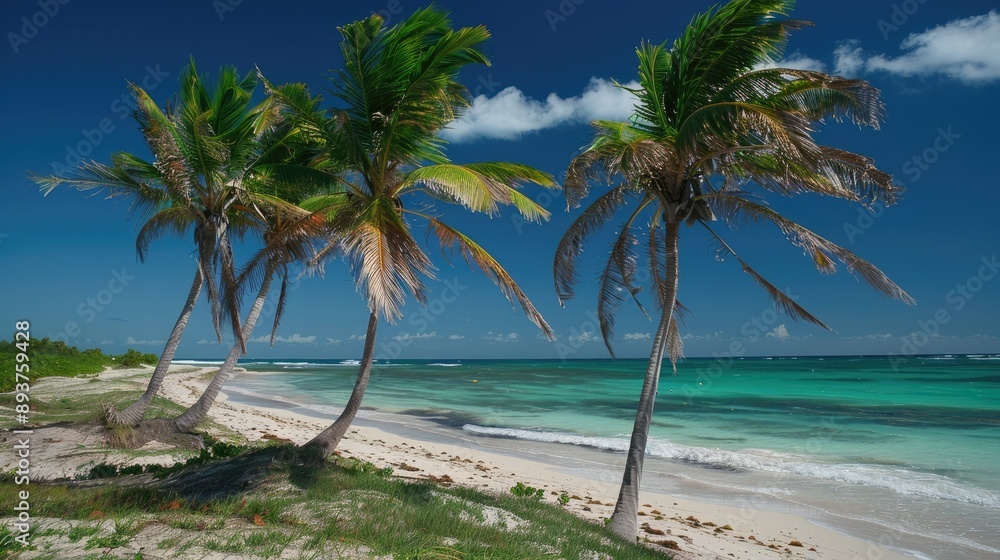 Fototapeta premium Coconut palms on a beach with turquoise water and a clear blue sky.