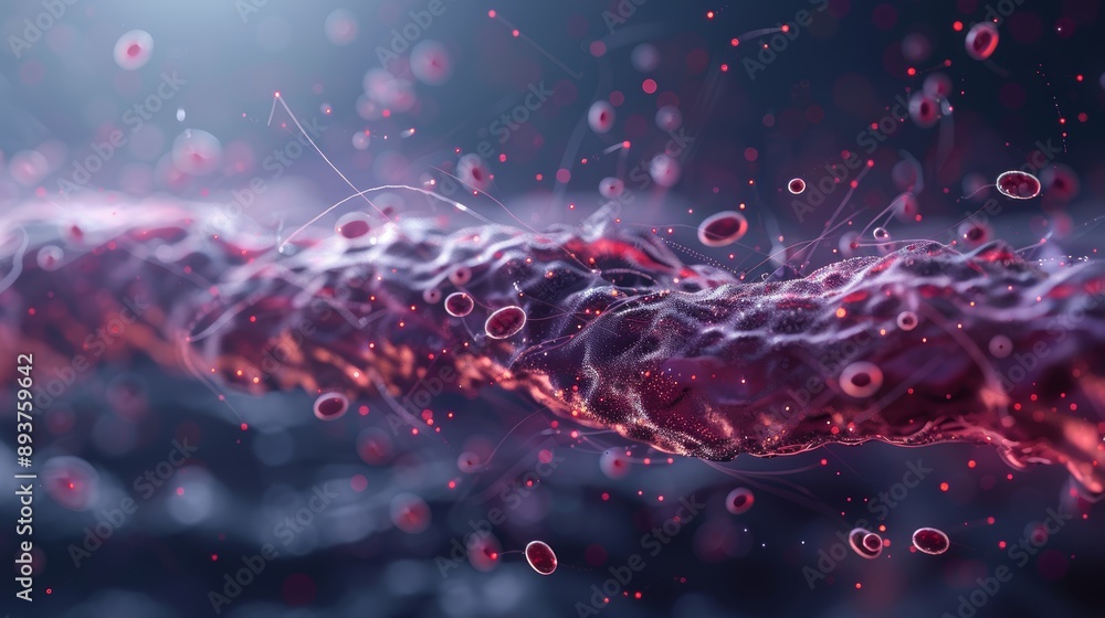 Fototapeta premium Abstract depiction of blood flow in human vessel with red blood cells. Highly detailed and artistically rendered in vibrant colors.