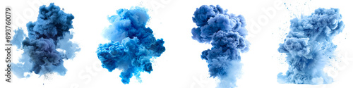 Collection of blue smokes explosions and blast isolated on transparent or white background photo