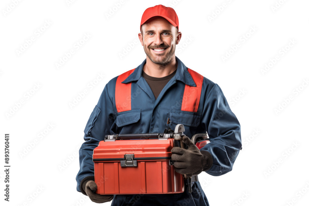 Mechanic holding a toolbox, ready to work, smiling confidently, clean uniform Isolated on white background Mechanic holding a toolbox, ready to work, smiling confidently, clean uniform Isolated on white background