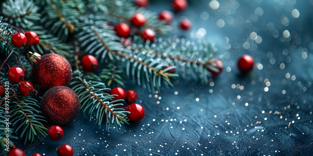 A Christmas tree with red berries and red balls on it. The tree is surrounded by a blue background A Christmas tree with red berries and red balls on it. The tree is surrounded by a blue background