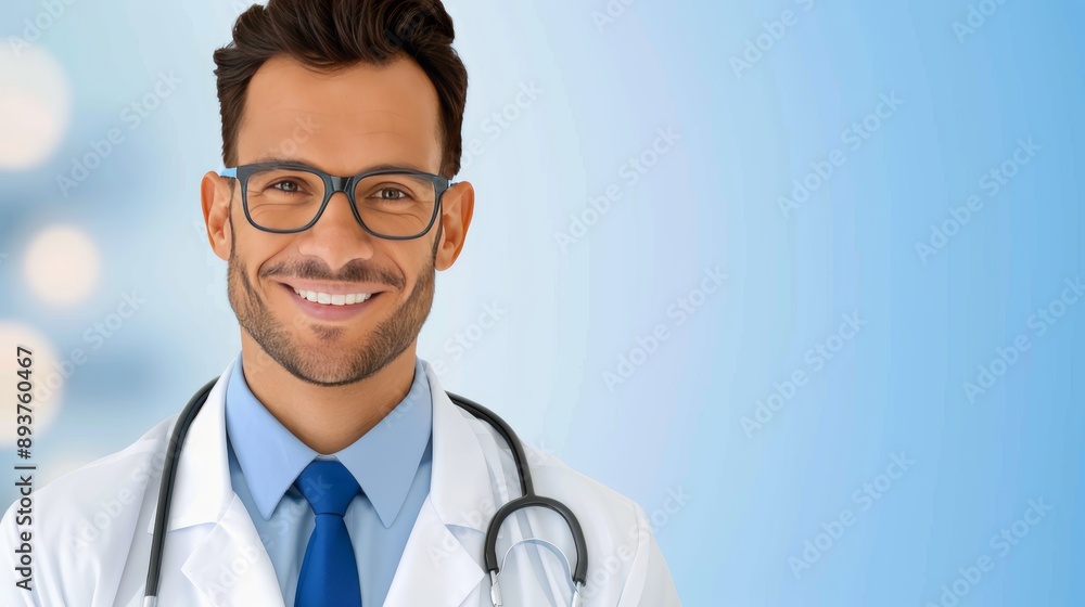 Fototapeta premium Smiling male doctor with glasses and a stethoscope, wearing a white coat and blue tie, standing against a blue gradient background.