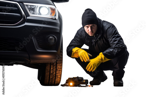 Mechanic holding a toolbox, ready to work, smiling confidently, clean uniform Isolated on white background