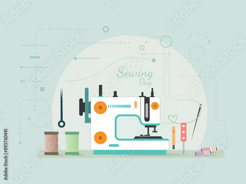 Artistic illustration of a sewing machine and sewing tools like thread spools and a needle, celebrating Sewing Day with decorative stitching patterns and a heart-shaped thread design in the background