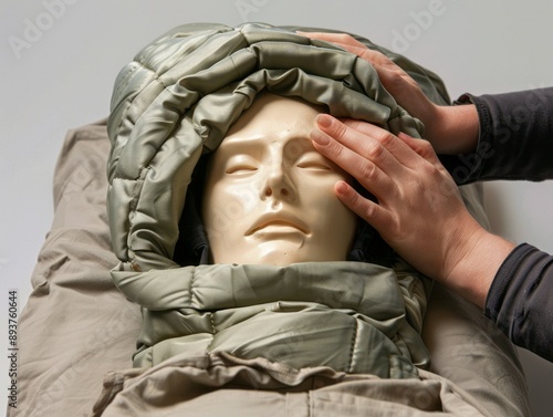 Hands demonstrating emergency procedures on a mannequin head wrapped in a thermal blanket. photo