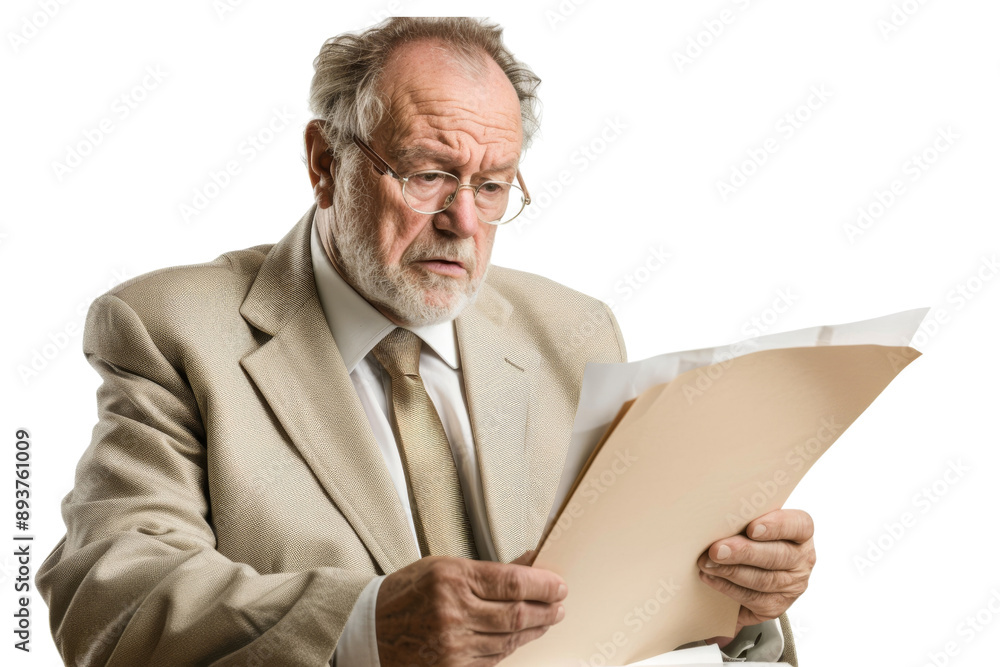 Mature manager perusing file, isolated on white background Mature manager perusing file, isolated on white background