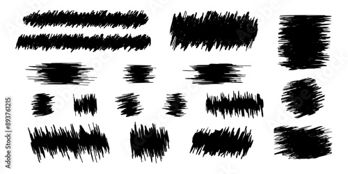 Black ripped grunge textures. Hand drawn smears. Marker, pencil, pen or ink scribbles. Scratch card, ticket or lottery scraped surfaces isolated on white background. Vector graphic illustration.