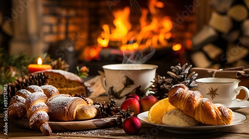 Cozy Winter Scene With Freshly Baked Pastries by a Fireplace photo