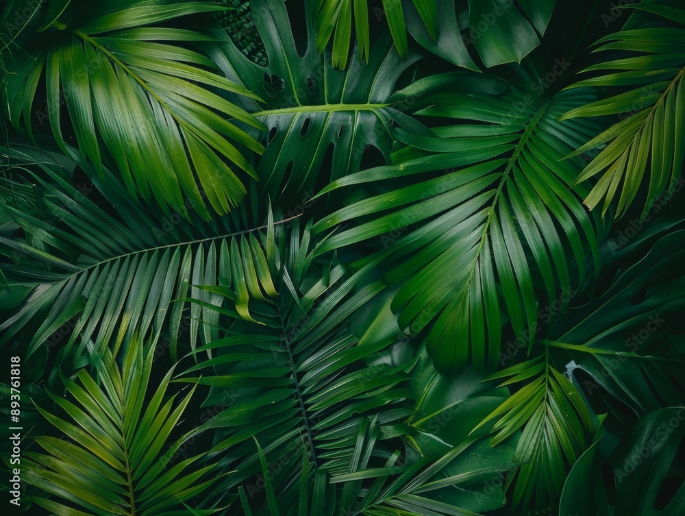 Closeup nature view of green leaf and palms background. Flat lay, dark nature concept, tropical leaf Closeup nature view of green leaf and palms background. Flat lay, dark nature concept, tropical leaf