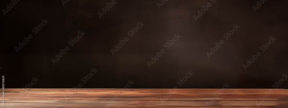 Wooden surface, table, pedestal on a dark background. Design banner template for advertising and selling products with place for text, mocha mousse color Wooden surface, table, pedestal on a dark background. Design banner template for advertising and selling products with place for text, mocha mousse color