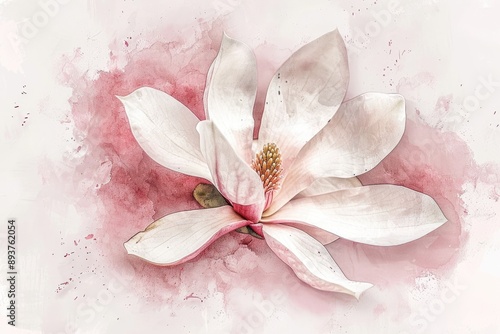 A beautiful watercolor of a white flower with pink accents. Elegant and delicate floral artwork perfect for decoration.