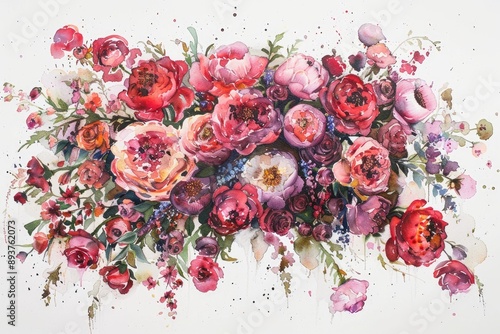 A vibrant watercolor painting of various blooming flowers in shades of pink, red, and purple on a white background.
