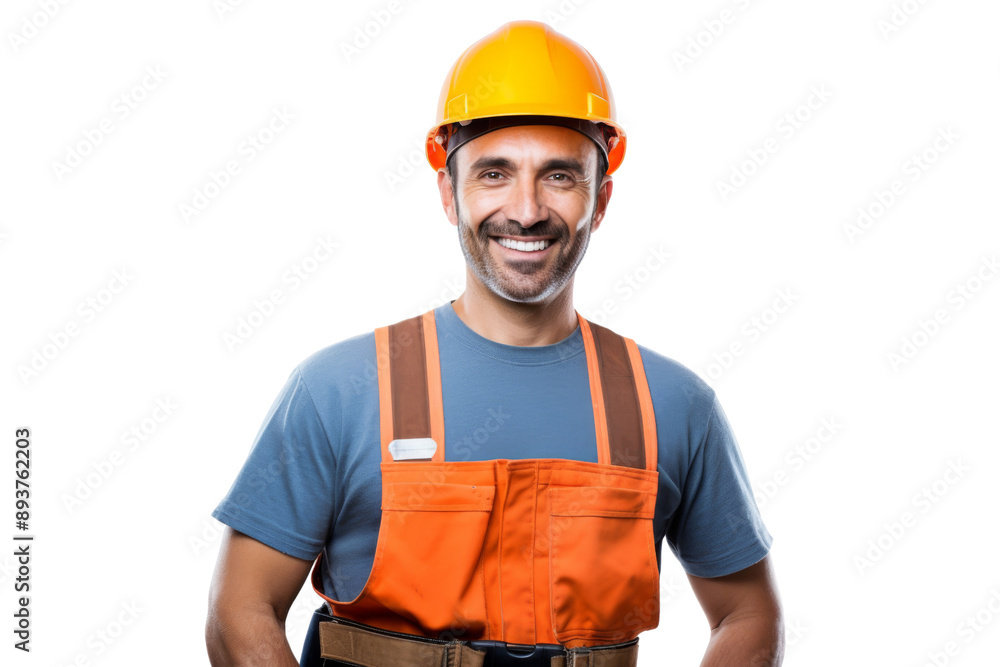 Male construction worker with safety helmet and tool belt smiling Isolated on white background Male construction worker with safety helmet and tool belt smiling Isolated on white background