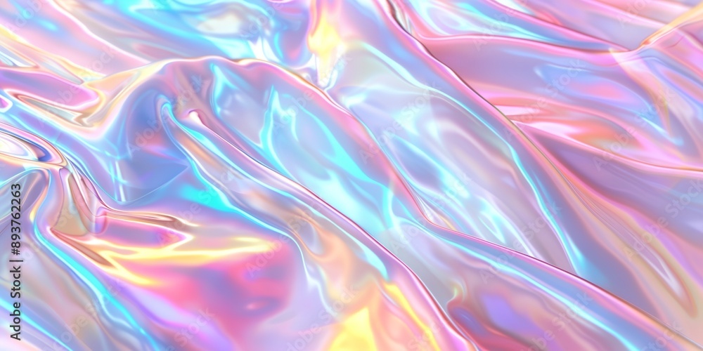 A colorful, shiny fabric with a rainbow pattern. The fabric is made of a shiny, reflective material that gives it a futuristic, otherworldly appearance. The colors are bright and vibrant A colorful, shiny fabric with a rainbow pattern. The fabric is made of a shiny, reflective material that gives it a futuristic, otherworldly appearance. The colors are bright and vibrant