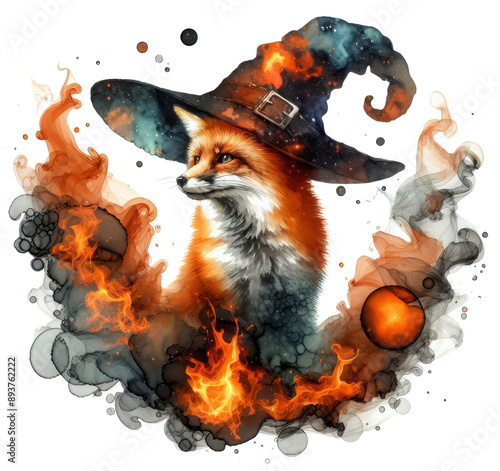 Magical Fox in a Galaxy Hat with Fire and Smoke - A fox wearing a witch's hat adorned with galaxies, surrounded by flames and smoke, symbolizes magic, mystery, creativity, fantasy photo