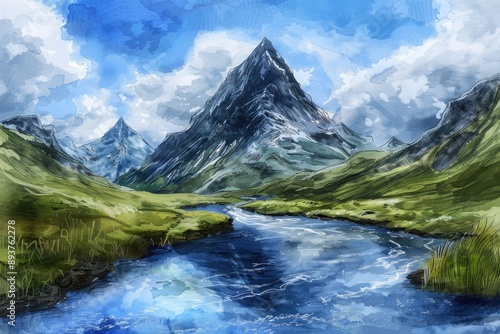 Digital artwork of a serene mountain landscape with a river flowing under a bright blue sky and scattered clouds.