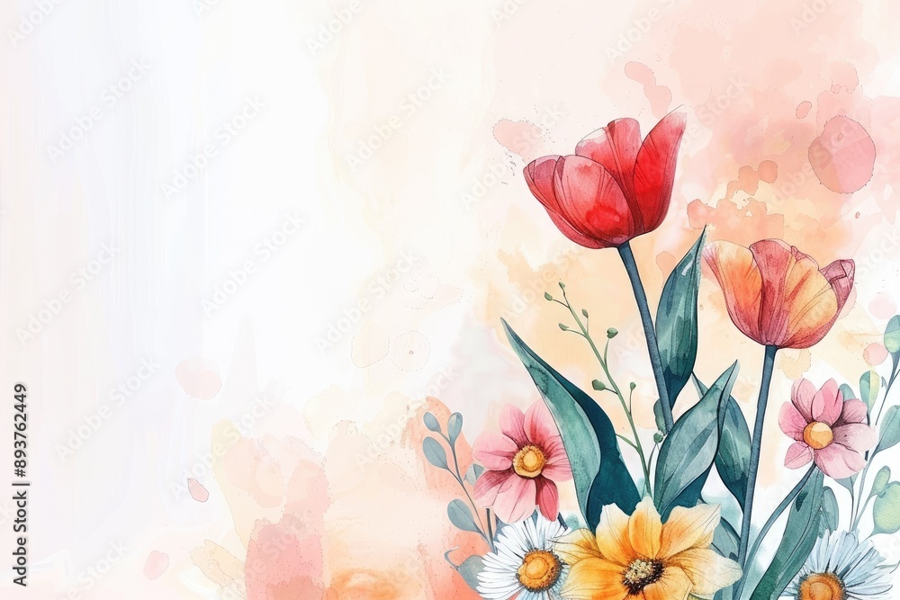 Obraz premium Soft watercolor botanical frame with tulips and daisies in a harmonious blend of colors with lush greenery