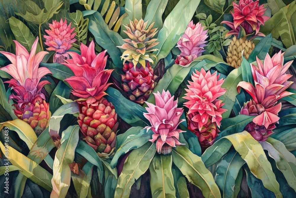 Obraz premium Vibrant pink pineapples nestled in lush green foliage, showcasing a tropical paradise with beautiful, colorful exotic fruits.