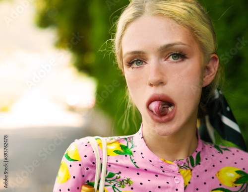 Playful Summer Expression Woman Sticking Out Tongue