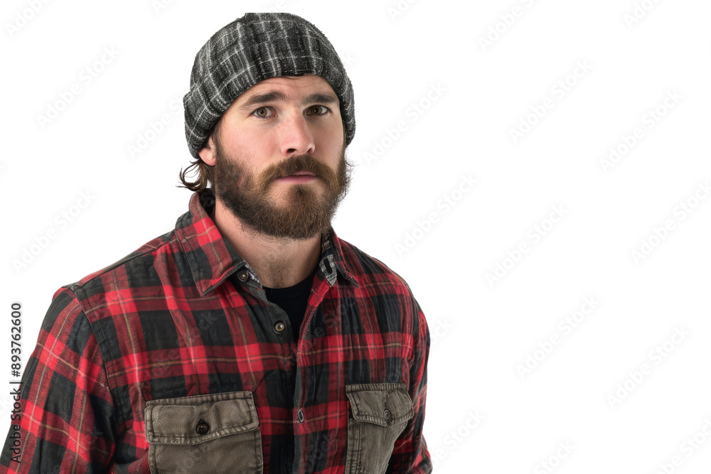 Obraz premium Lumberjack wearing plaid shirt and beanie isolated on white background