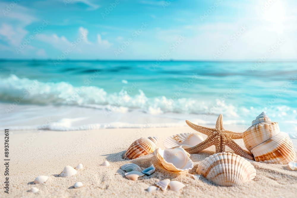 Beautiful beach with white sand, blue water, and sea shells on the shore. Summer vacation background banner with copy space for text. Beautiful beach with white sand, blue water, and sea shells on the shore. Summer vacation background banner with copy space for text.