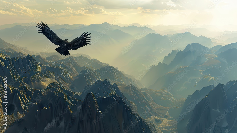 Fototapeta premium A majestic image of an eagle flying above a majestic mountain range