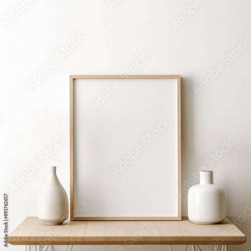 Vertical empty photo frame mockup in minimalist design on white background with vase. Scandinavian light interior and vases. Template for pictures and photography