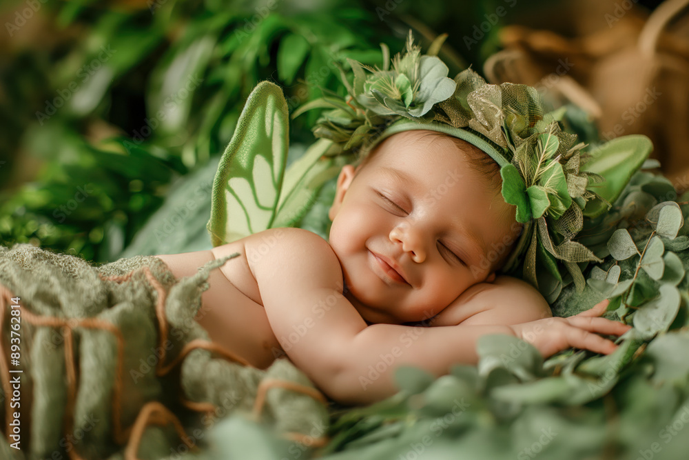 Newborn baby girl wearing a fairy costume with green wings sleeping on a leaves Newborn baby girl wearing a fairy costume with green wings sleeping on a leaves