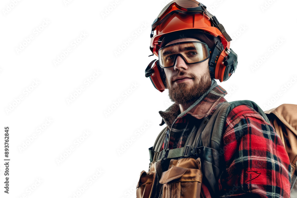 Lumberjack in protective gear isolated on white background Lumberjack in protective gear isolated on white background