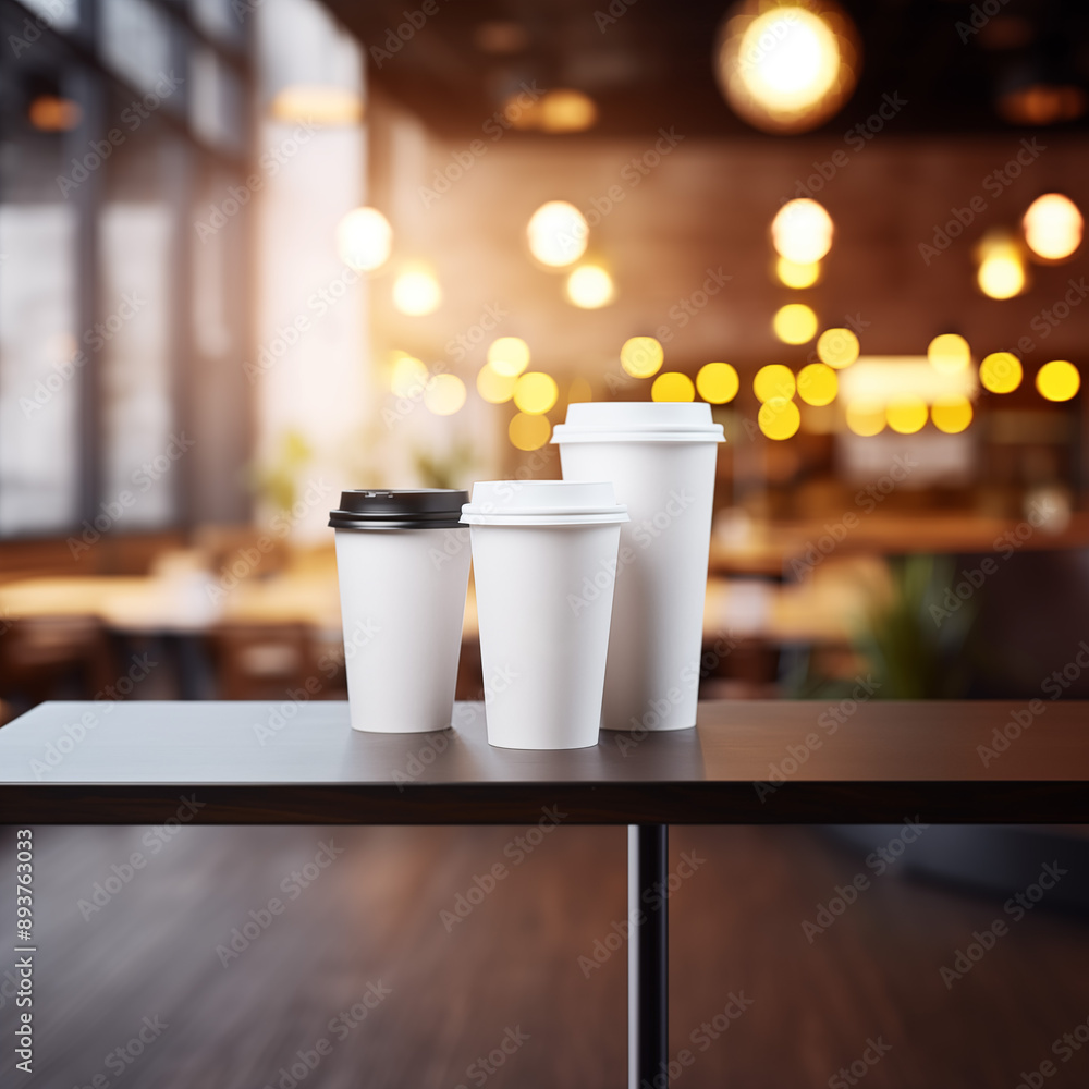 Three paper mugs on a table in a cafe, street coffee with a blurred background. Design mockup layout for advertising a coffee shop, your brand, restaurant, coffee to go with space for text Three paper mugs on a table in a cafe, street coffee with a blurred background. Design mockup layout for advertising a coffee shop, your brand, restaurant, coffee to go with space for text