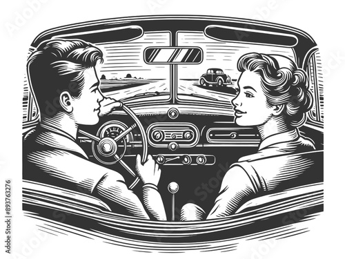vintage couple driving a classic car, from the backseat with a nostalgic feel sketch engraving generative ai fictional character vector illustration. Scratch board imitation. Black and white image.