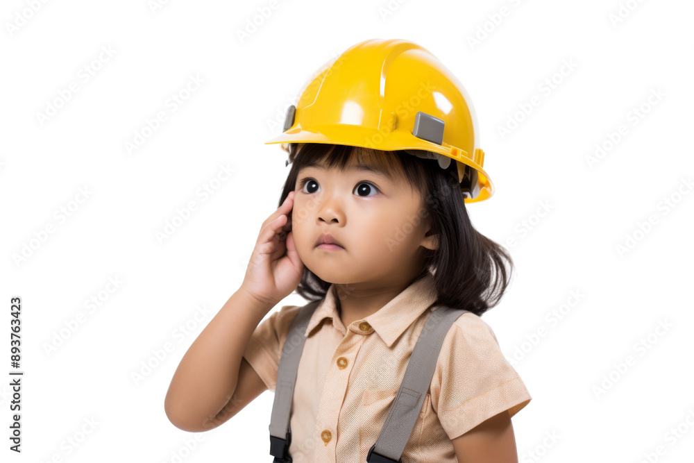 Little Asian girl engineer adjusting helmet Isolated on white background Little Asian girl engineer adjusting helmet Isolated on white background