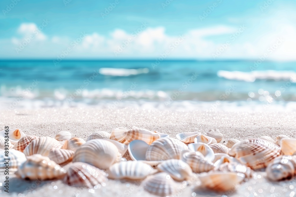 Beautiful beach with white sand, blue water, and sea shells on the shore. Summer vacation background banner with copy space for text. Beautiful beach with white sand, blue water, and sea shells on the shore. Summer vacation background banner with copy space for text.