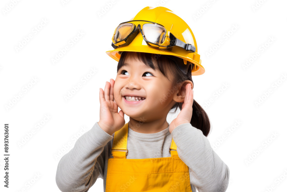 Little Asian girl engineer adjusting helmet Isolated on white background Little Asian girl engineer adjusting helmet Isolated on white background