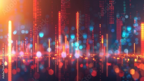 Abstract digital cityscape with vibrant glowing lights and blurred bokeh effect, perfect for technology backgrounds or futuristic concepts.