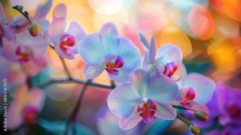 Vibrant close up of white and violet orchid blossoms Vibrant close up of white and violet orchid blossoms