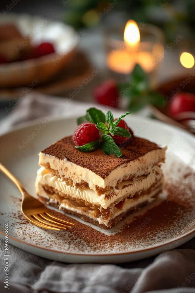 A delicious tiramisu dessert garnished with raspberries and mint leaves, served on a white plate with a golden fork. A delicious tiramisu dessert garnished with raspberries and mint leaves, served on a white plate with a golden fork.