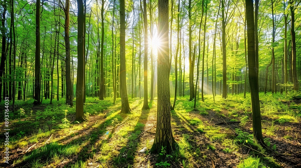 Fototapeta premium Sunlight Filtering Through a Lush Green Forest in Spring