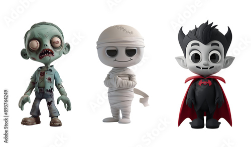 Spooky Halloween Trio: Vampire, Zombie, and Mummy, Isolated on Transparent Background, PNG