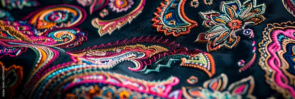 A paisley patterned fabric with a variety of colors and a flower design. The paisley pattern is very intricate and detailed, with many different colors and shapes. Scene is one of elegance A paisley patterned fabric with a variety of colors and a flower design. The paisley pattern is very intricate and detailed, with many different colors and shapes. Scene is one of elegance