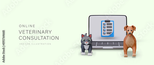 Online veterinary consultation. Open laptop with list of appointments on screen, 3D dog, cat