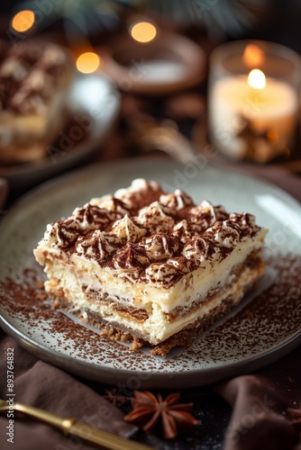 Wallpaper Mural A delectable plate of Tiramisu dessert garnished with cocoa powder, set in a cozy, dimly lit ambiance. Torontodigital.ca