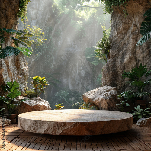 Podium background product green nature 3D forest stand white plant. Cosmetic background product podium display wood jungle studio garden. Made with generative ai
