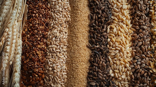 Diverse Harvest Vibrant Flat Lay of Wheat Oats and Barley Grains Capturing the Essence of Agriculture and Abundance
