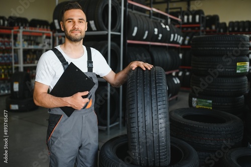 confident mechanic man checking characteristics of tyre in auto service shop