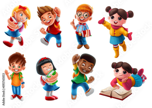 set of multiethnic school children characters